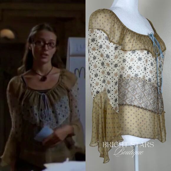 Extremely Rare Silk Print Top ASO Fred Angel Blouse Boho ALT Lorelai Gilmore - Picture 4 of 11